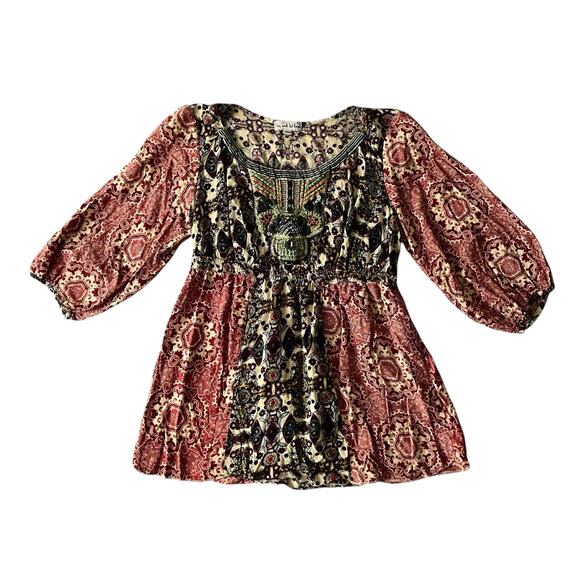 One World Women's Mandala Peasant Blouse Multicolor Mixed Print Rayon Size L - Picture 5 of 8